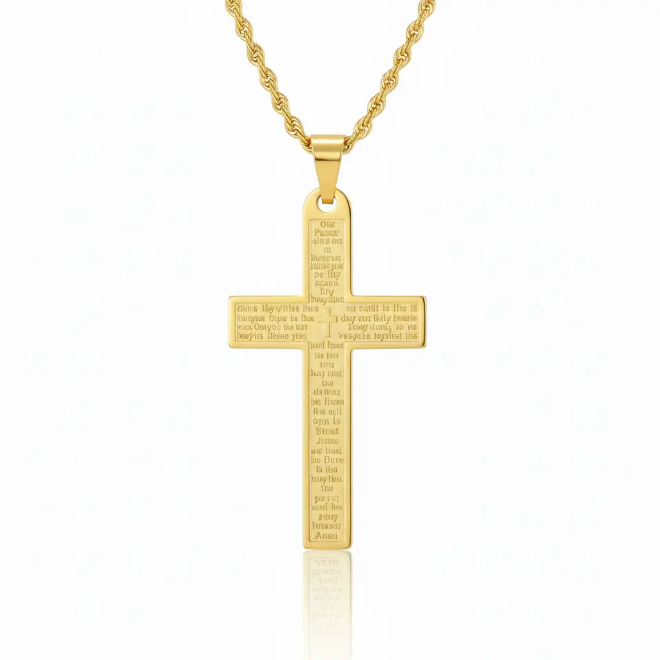 Lord's Prayer Cross Necklace, Stainless Steel Faith Pendant for Men & Women, Hypoallergenic Jewelry with 18-24 Inch Twisted Rope Chain