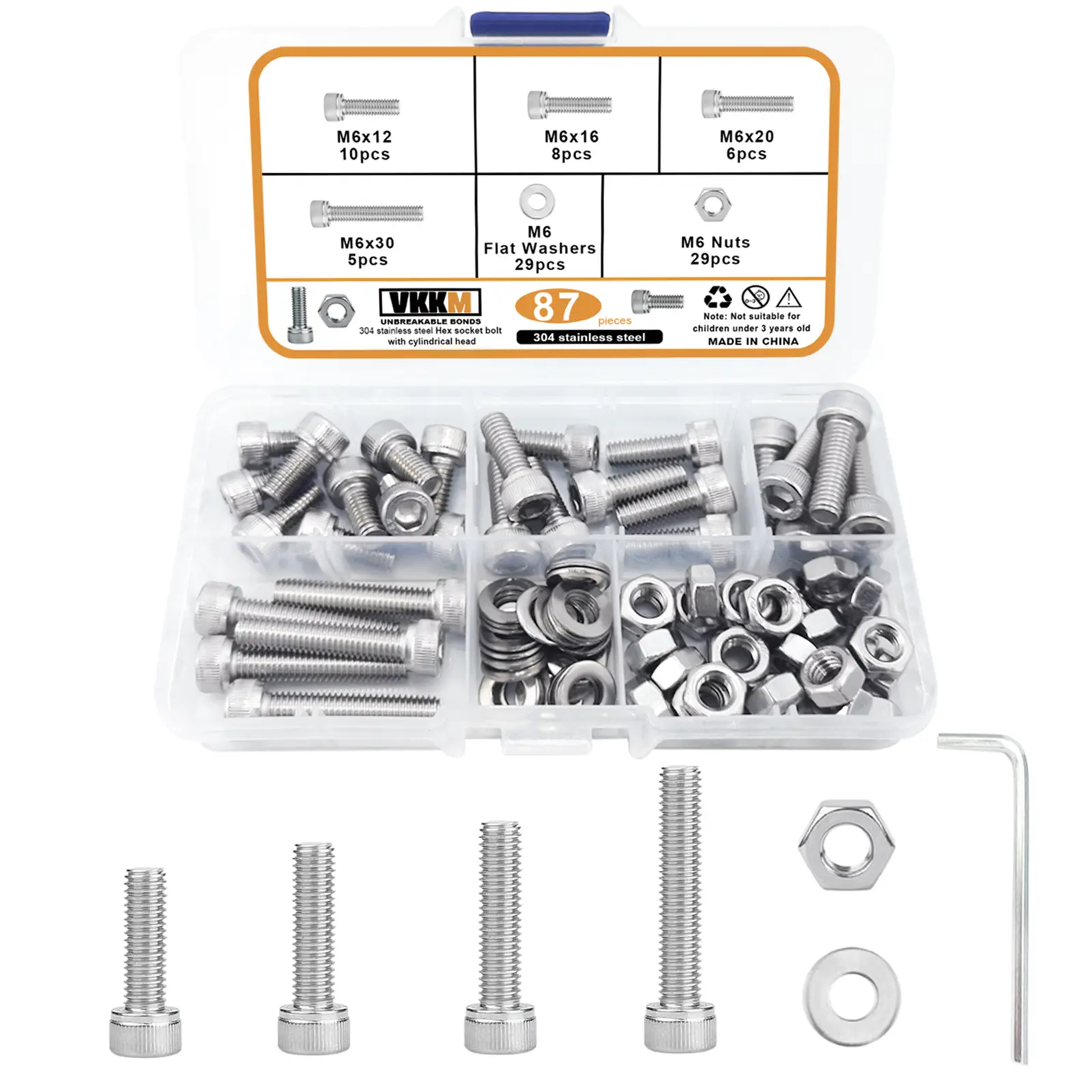 VKKM 87Pcs M6 Socket Head Cap Screws Assortment Kit, 304 Stainless Steel M6×12/M6×16/M6×20/M6×30 Bolts with Hex Nuts & Flat Washers, Comes with Allen Wrench for Aluminum Profile, Machinery Equipment & DIY Shelf Assembly