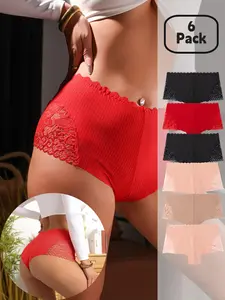 Women's Mid-Waist Striped Boyshorts, Contrast Lace Sexy Elegant Comfort Seamless Lightweight Breathable Daily Underwear, 6 Pack