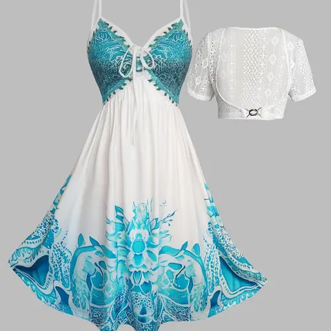 Women's Colorblock Print Cami Dress & Top Two-piece Set, Boho Sleeveless Dress & Crop Top for Beach Holiday Vacation, Ladies Summer Clothes, Casual Summer Fashion, Spaghetti Strap Womenswear, Casual Loose Dress
