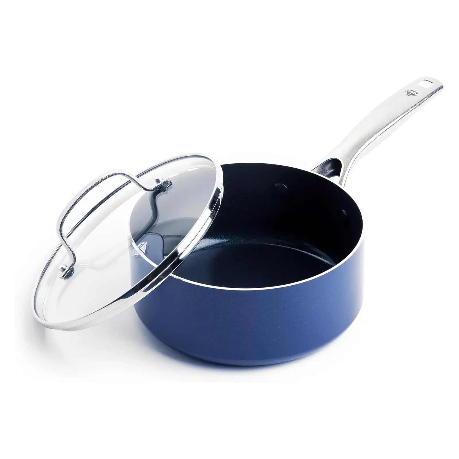 Blue Diamond 2QT Diamond Infused Ceramic Nonstick Sauce Pan with Lid, Blue PFAS-Free Ceramic Nonstick Chef Pot, Dishwasher & Oven Safe, Durable Metal Utensil Safe, Soups, Glass Lid