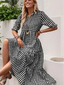 Women's Gingham  Print Notched  Neck Dress, Casual Half Leeve Ruffle Trim Long Dress for Daily Wear, Ladies Clothes for All Seasons