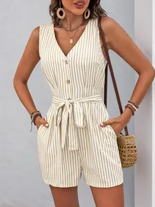 Women's Striped Print Tank Romper, Casual Chic Fitted Sleeveless Romper for Summer, Ladies Clothes for Daily Wear