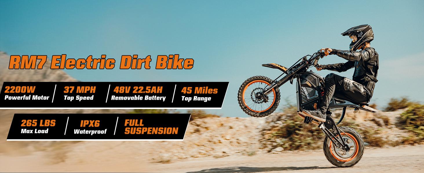 Windone RM7 Ebike,2200W Peak Motor, 37MPH Fast Speed, 48V 22.5Ah Battery, 45-60 mi Range, 14"/12" Off-Road Tires,Dual Hydraulic Brakes, Full Suspension， 3-Speed Modes for Dirt Biking,  UL 2272 Electric Dirt Bike Adults & Teens