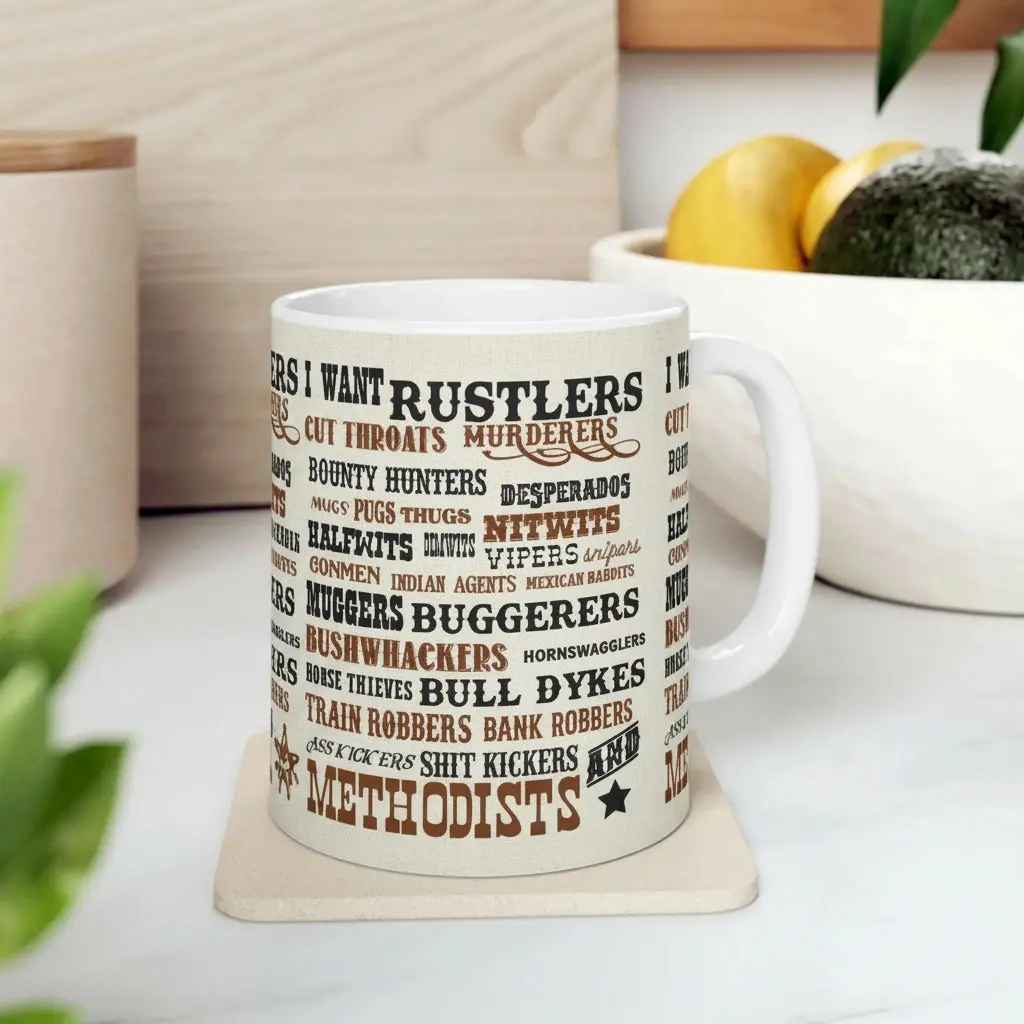 Blazing Saddles I Want Rustlers Coffee Mug: Ideal for fans, this mug showcases a humorous array of outlaw labels like cutthroats, murderers, bounty hunters, desperados, half wits, nit wits, vipers, gunmen, Indian agents, Mexican babbitts, muggers, bu