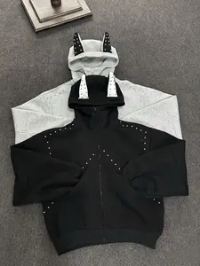 Men's Casual Versatile Cat Ear Studded Hoodie Cardigan with 3D Cat Ear Hood & Studs Oversized Loose Fit Terry Cloth Soft Skin-Friendly Zipper Design for Layering