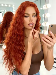 Copper Red Deep Wave Lace Front Wig, Glueless Frontal Wig, Deep Wavy Hair, 28 Inch Curly Heat Resistant Synthetic Hair, 13x4 HD Transparent Lace, Free Parting, Pre-Plucked Natural Hairline