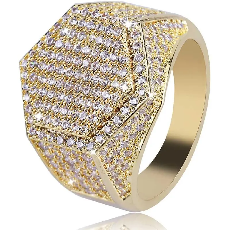 Mens Iced Out CZ Hexagon Bling Pinky Ring 18k Gold Plated Hip Hop Ring for Men