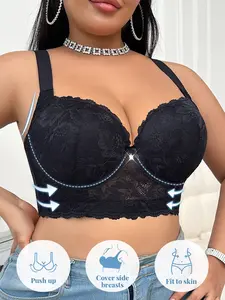 Plus-Size Women's lace push-up bra with underwire support and deep V-neck design, suitable for everyday wear.