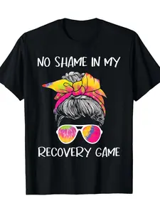 Men'S White T-Shirt Featuring a Graphic for Drug Recovery Awareness with The Slogan "No Shame in My Recovery Game".This Casual Crew Neck Shirt Is Perfect for Recovery Meetings And Everyday Wear, Supporting Mental Health.Additionally