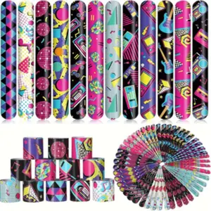 48pcs 80s 90s Party Favors Slap Bracelets, Throwback Theme Party Decorations, Retro Style Snap Bands for Adult Parties