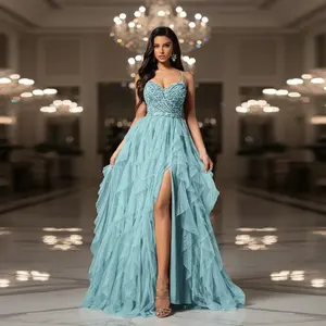 Women's Mint Blue Spaghetti Strap Sweetheart Neck Evening Gown - Fairy-Style Backless Sequined Ruffled Tulle A-Line Long Dress with High Slit for Wedding, Formal Party Womenswear