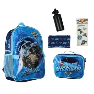 Monster Jam Megalodon 5-Piece Backpack Mega Set with Detachable Lunch box Water Bottle Pencil Case and Stickers Set