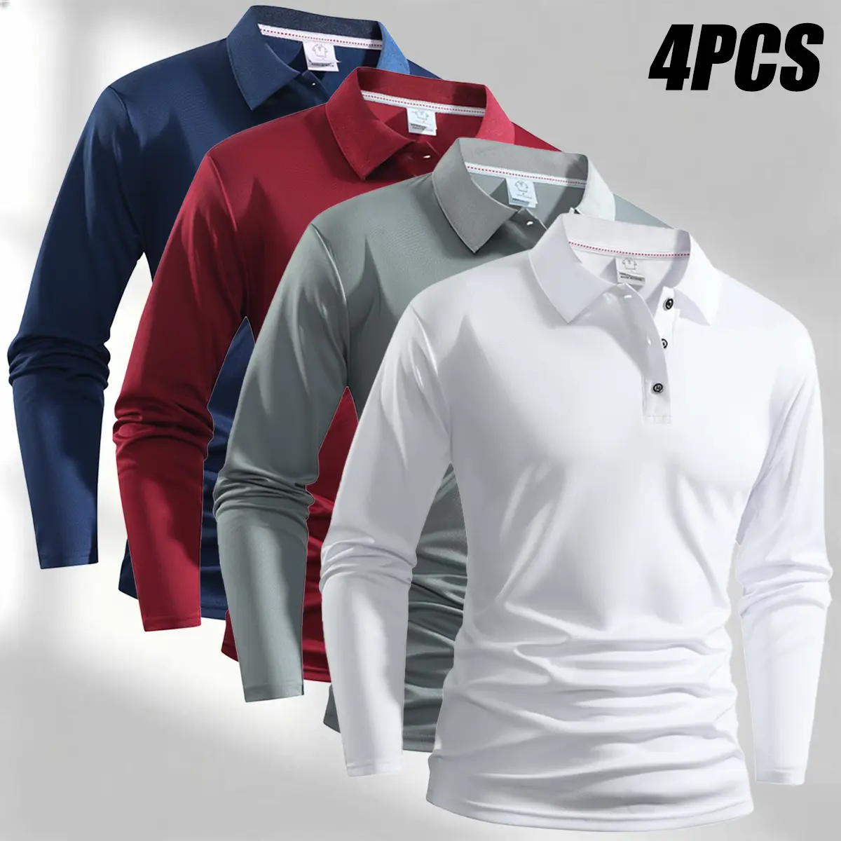 Set of 4 men’s long-sleeve polo shirts featuring a classic solid color design. Versatile golf and casual button-collar styles suitable for business casual wear and weekend outings; men’s tops.