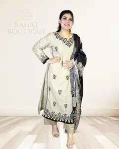 Elegant Beige & Black Floral Afghan Suit – Soft Cotton Embroidered Kurta with Contrasting Dupatta