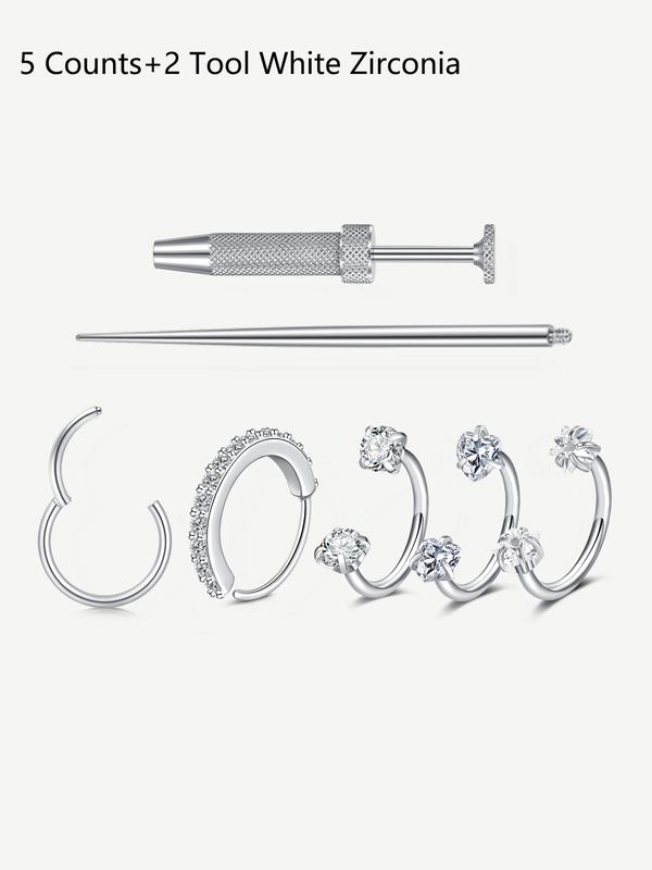 Cz Stainless Steel Nose Ring, Heart Design, 8mm Inner Threaded Hoop, Suitable for Cartilage, Tragus, Lobe, Lip Piercing Jewelry, Body Jewelry