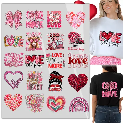 20 Pcs Valentine's Day Iron on Transfers DTF Transfers Ready to Press Heart Iron On Decals for T-Shirts, Bags, and More