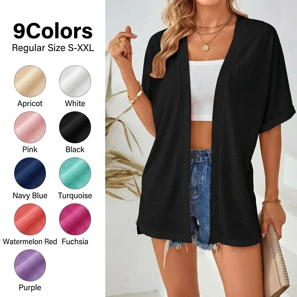 Womens Lightweight Cardigan Oversized 2026 Summer Short Sleeve Open Front Beach Coverup Vacation Outdoorfun Knitwear Comfort Casual Loose Minimalist Basic Knitting Batwing Shortsleeve Tops Womenswear