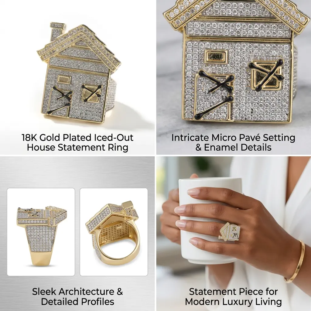 Unisex Gothic Full-Diamond Small House Statement Ring - Dark Cross Straps, Door-Window Design, Dark Romance, Aura Style - Ideal for Holidays, Parties, Aura Style Rings, Moissanite, Us Size 10, Diamond-Studded Rings