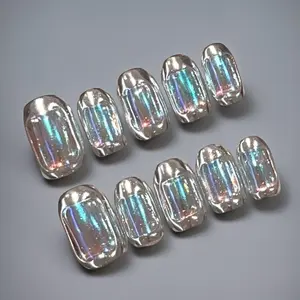 [SILVER AURORA SHORT NAILS]Diamonds Sparkle Gold-Plated Double-Layer Embossed Cat-Eye Gradient Advanced Handmade Press-on Nails Nail Art Sassy Stunning Elegant Luxurious Iridesce