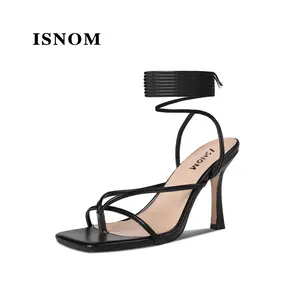 ISNOM Lace Up Heels Sandals for Women, Square Toe, Open Toe Thong, Stiletto Heels Design Footwear Leather