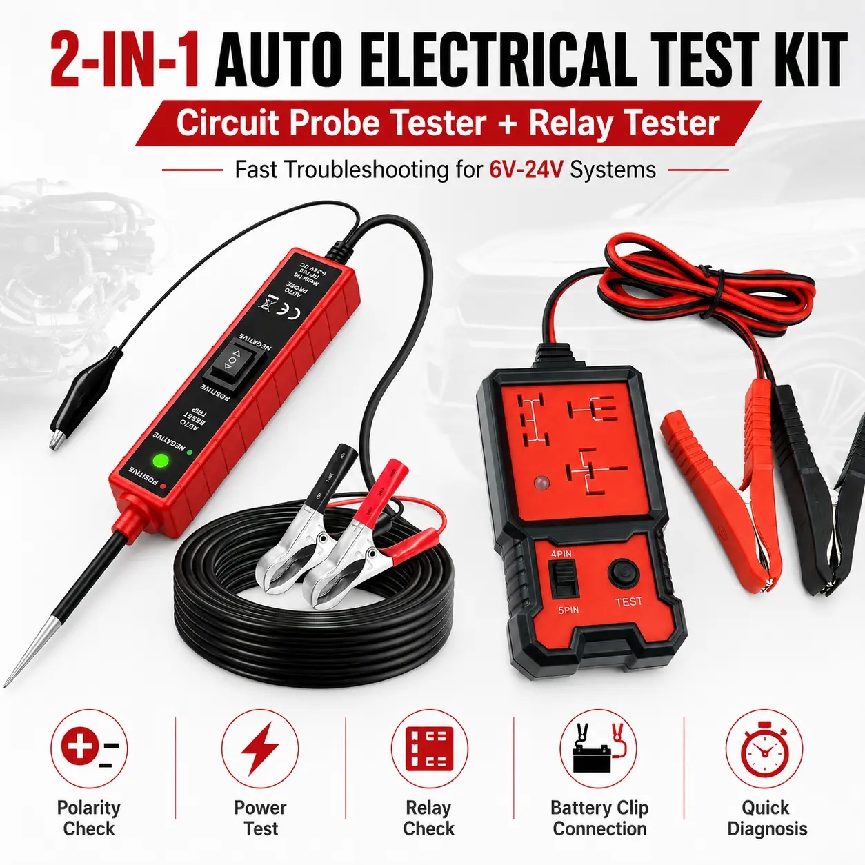 2-in-1 Automotive Electrical Test Kit, 6V-24V Circuit Probe Tester and 4-Pin 5-Pin Relay Tester, Power Ground Polarity Checker with Battery Clips for Cars, Motorcycles, Trucks, ATVs and RVs