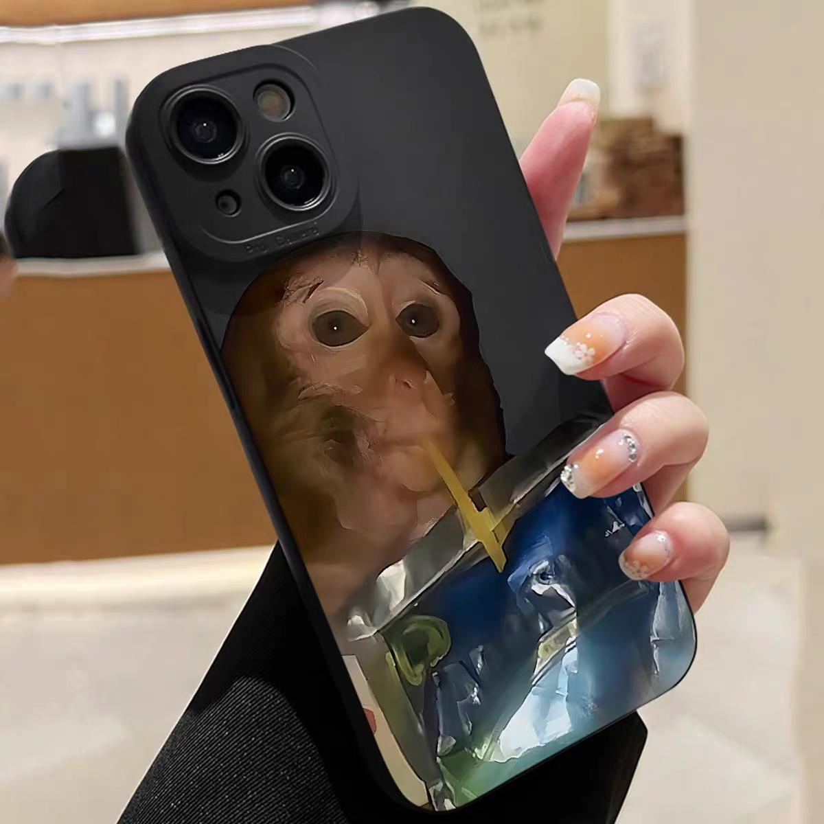 Cute Monkey Pattern Phone Case TPU Soft Silicone Material Full-Coverage Protection & Shock Absorption Fun Monkey Drinking Capri Sun Juice Phone Case Compatible with iPhone 16/15/14/13/12/11 Pro Max Pro Plus Fun Monkey Phone Case