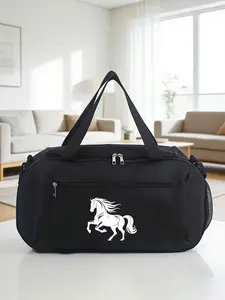 Steed Print Large Capacity Sports Gym Bag, Dry-wet Separation Storage Luggage Bag, Hand & Crossbody Travel Bag with Side Mesh Pocket. Unisex bag for training and short business trips, perfect gift for men.