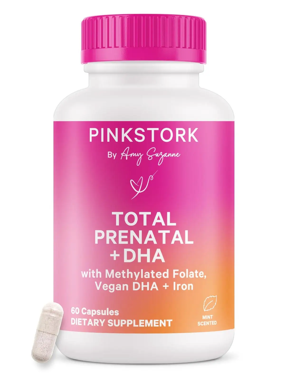 Pinkstork by Amy Suzanne Total Prenatal Vitamins with Methylated Folate Vegan DHA & Iron 60 Capsules Mint Scented Natural Supplement for Healthy Pregn