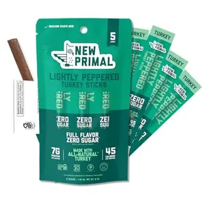 New Primal Lightly Peppered Turkey Sticks, Keto & Gluten Free Healthy Snacks for Adults, Sugar Free Low Carb High Protein Snack, Paleo Whole30 Jerky Meat Stick, 7g Protein, 45 Calories, 5 Pack
