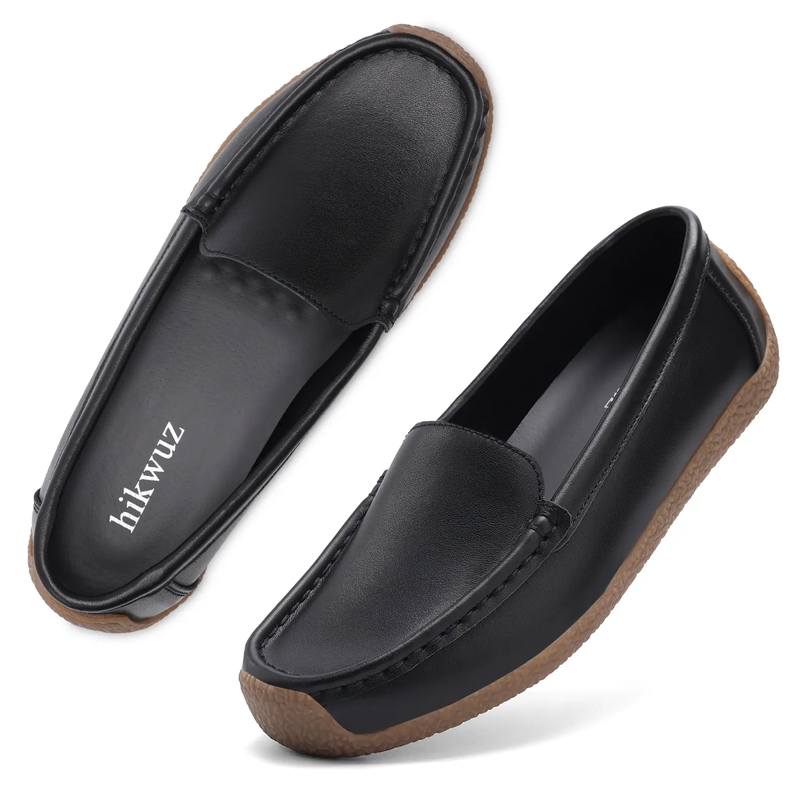Women's Black Minimalist Slip On Loafers, Soft Leather Comfort Flats, Non-Slip Gum Rubber Sole All Day Standing Work Shoes for Nurse Teacher Office