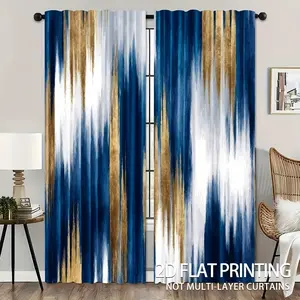 2-pack, abstract blue and gold brushstroke print curtains, rod pocket decorative curtains, suitable for bedroom, living room, home decor, room decoration, holiday decoration, cafe, office, game room, machine wash (hand wash).