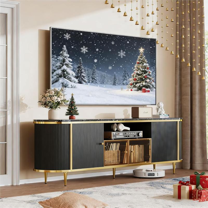 【Ships in 1 Packages】Oneinmil Luxury 70" Fluted TV Stand Modern Entertainment Center for TVs Up to 80" TV Console with Faux Marble Tabletop Curved Profile Design Media Console for Living Room bedroom tables nursery