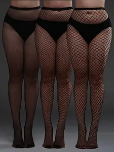 3 Pairs Women's Plus Size Curvy Hollow Out Fishnet Stockings, Ideal for Daily Wear, Perfect with Leggings/tights/knee-High Socks