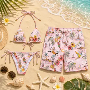 Flowers Wastin Tropical Matching Couple Swimwear Set 2026 – Floral Bikini & Men’s Beach Shorts, Trendy Summer Vacation Outfit for Couples