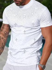 Men's White Rhinestone Cross Print Casual Graphic T-Shirt | Bling All-Over Sparkle Design, Slim Fit & Crew Neck, Soft Fabric, Perfect for Night Out, Streetwear & Party | Trendy Glitter Statement Tee
