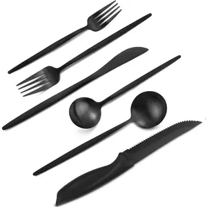 24 count Matte Black Silverware Set with Steak ,Satin Finish tableware Cutlery Set for  and Restaurant,Matte  Spoon and Fork Sets Service for 4,Dishwasher Safe