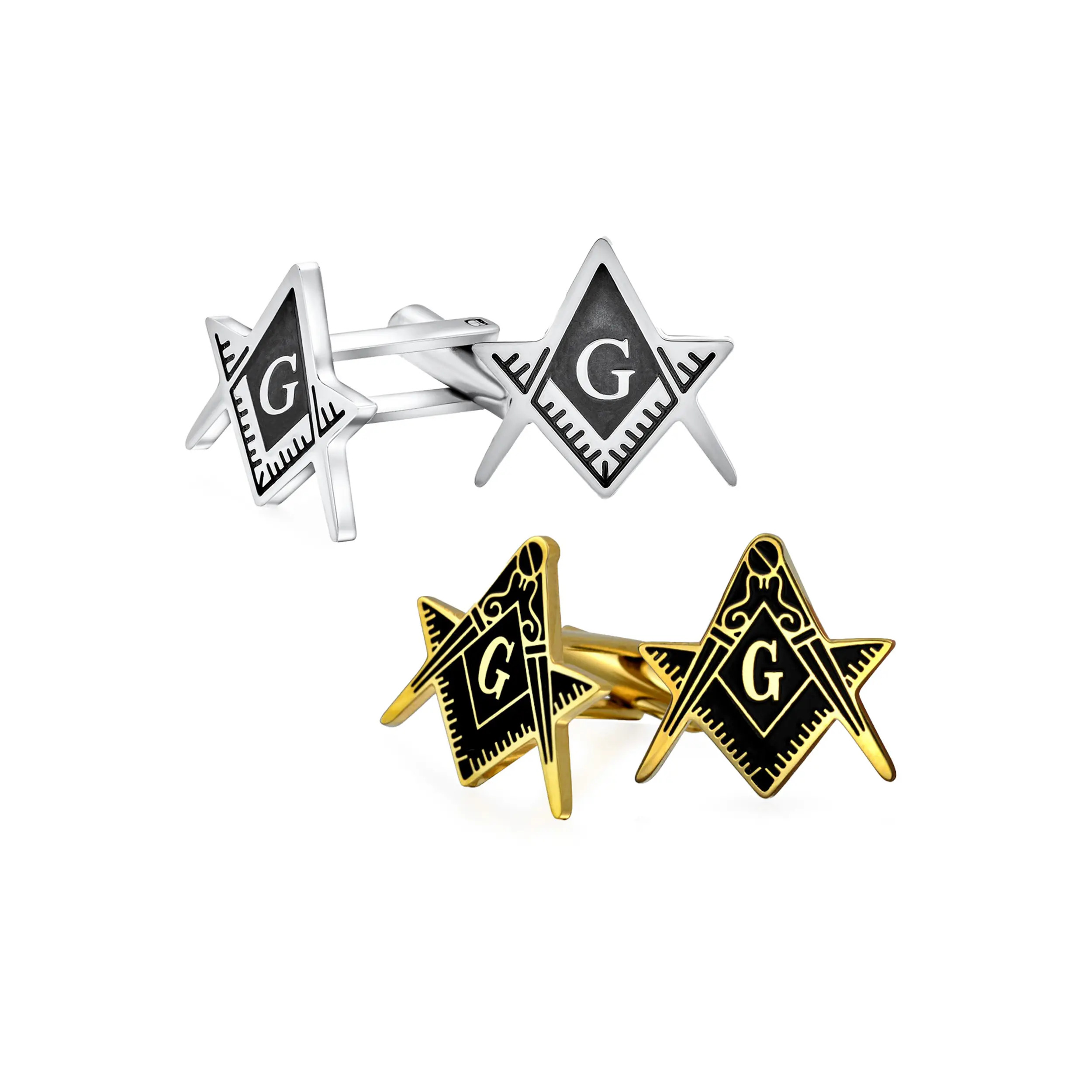 Freemasons Compass Masonic Cufflinks Black Silver Gold Tone Stainless Steel (Set of 2)