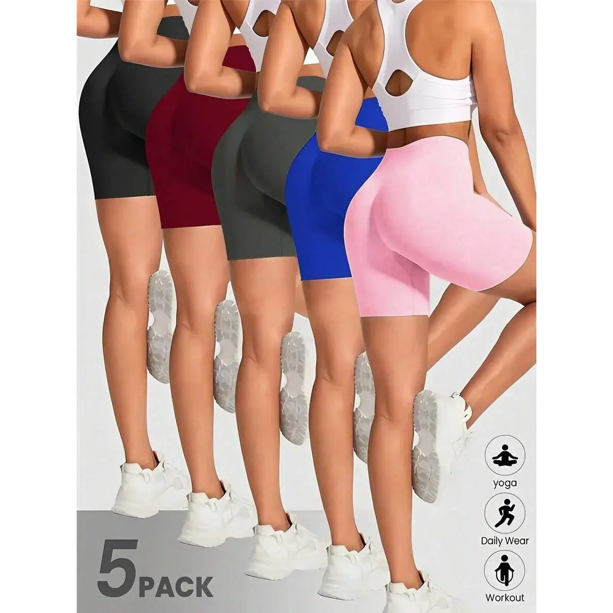 5pcs Women's High-Waist Stretchy Athletic Shorts, Breathable Compression Bike Yoga Workout Shorts With Pockets, Quick-Dry Baselayer Running Leggings