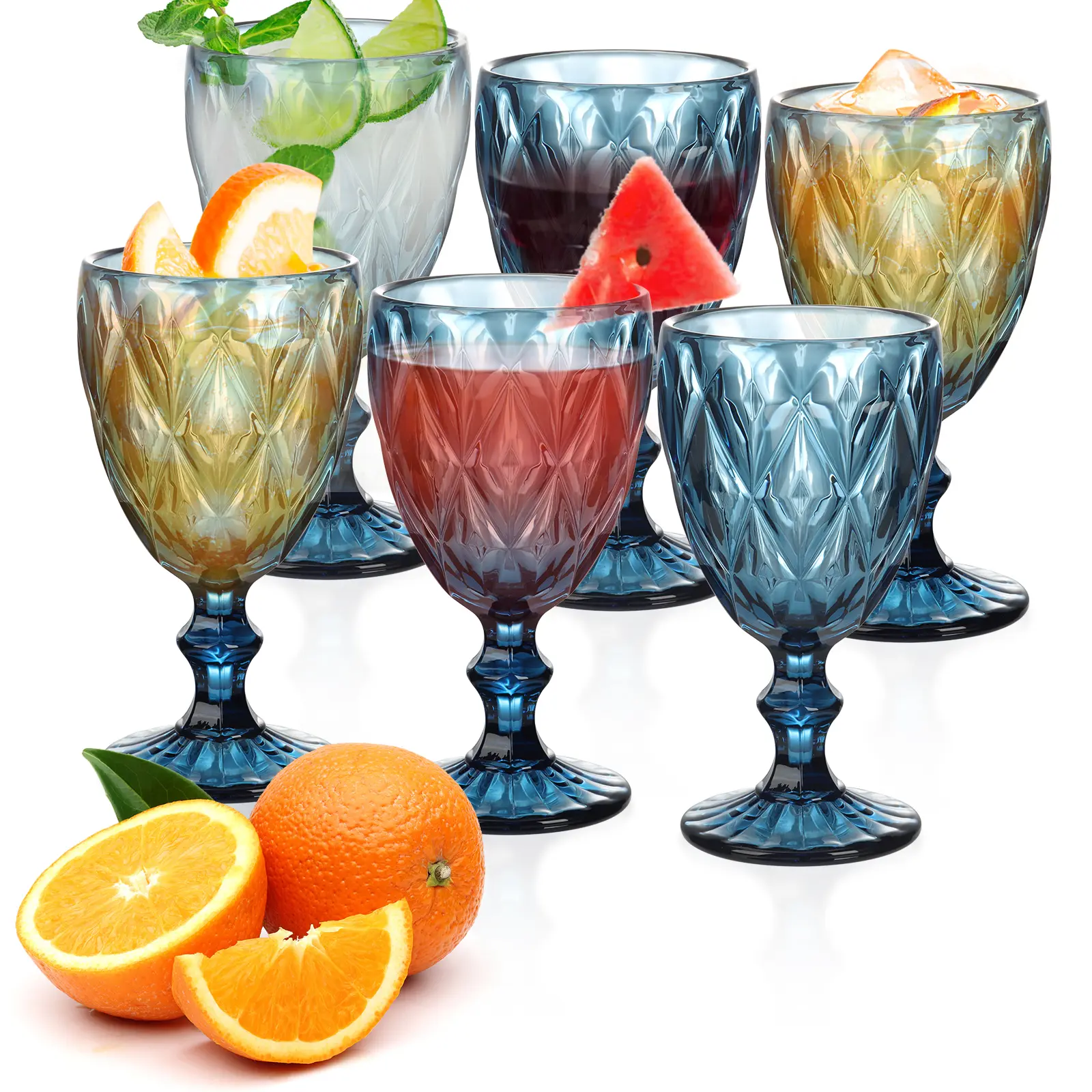 6-Piece Lead-Free Glass Goblets - European Romantic Vintage Style, Blue Diamond Embossing, Lemon-Themed Dinnerware for Home & Festive Party Wine, Cocktails