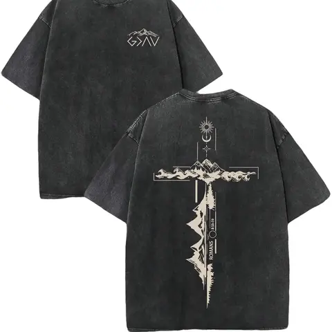 Men's Retro Washed 230 Pure Cotton Short Sleeve T-Shirt - Double-Side Print, Christian Graphic Text Print Stands Out, God Is Greater Than Our Highs And Lows, Casual Streetwear, Distressed, Back to School, Gifts for Boyfriend