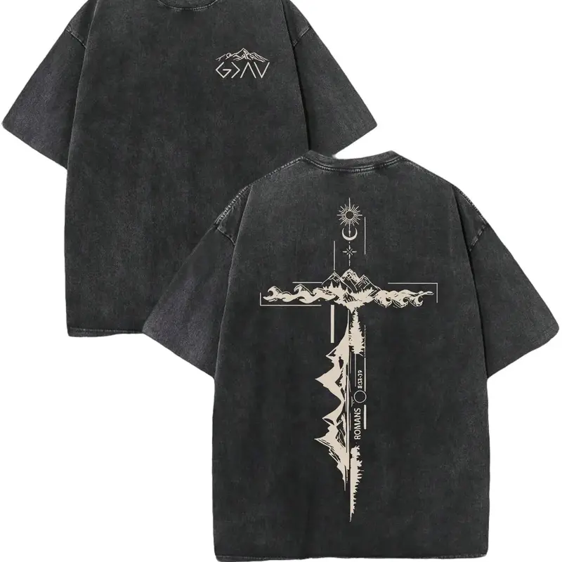 Men's Retro Washed 230 Pure Cotton Short Sleeve T-Shirt - Double-Side Print, Christian Graphic Text Print Stands Out, God Is Greater Than Our Highs And Lows, Casual Streetwear, Distressed, Back to School, Gifts for Boyfriend