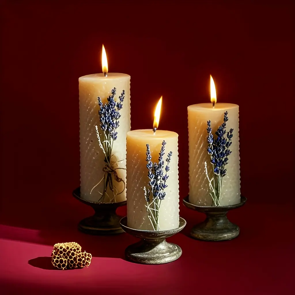 Lavender Fragrance Honeycomb Beeswax Pillar Candles (Set of 3, 2x4 in) - 60H Long-Lasting, Clean, Drip-Free Aromatic Home Supplies Decor - Halloween, Hanukkah Candles for Bedroom, Gift Box-Included Holiday Gifts