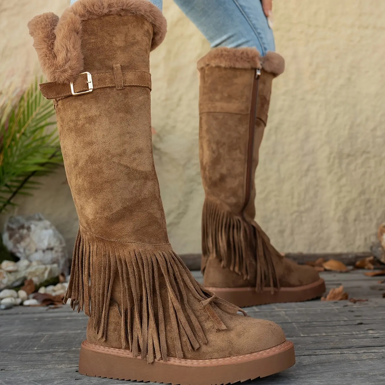 Women's Western Cowboy Boots, Winter Warm Faux Fur, Mid-Heel Platform, Zipper Closure, Slip-Resistant EVA Sole, Casual Brown Boots for Everyday & Bridal Footwear