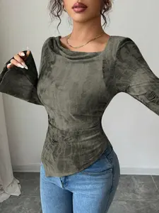 Elegant Women's Long Sleeve Top Blouse, Asymmetric Hem Pleated Collar, Vintage Floral Bell Sleeves, Perfect for Party, Nightclub, Beach