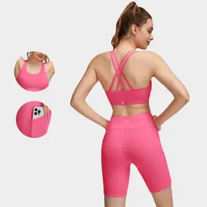 GLOWMODE FeatherFit Sports Bra & 8'' Shorts Set Strappy Back Bra Tank Top With High Waist Side Pockets Biker Shorts Low Impact Yoga Daily Running Gym Workout Summer
