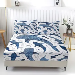 Shark Fish Pattern Fitted Sheet, Decorative Bedsheet Sets, Whale Shark Great White Shark Print, Bedding Items, Including 1 Bed Sheet and 2 Pillowcases, Anti Slip Suitable for Bedrooms and Guest Rooms, Suitable for Personal Use or Gift Giving