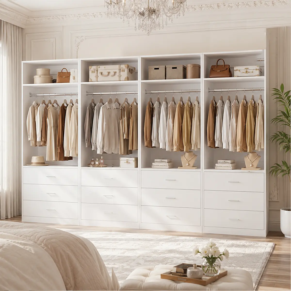 Cyclysio Modular Closet Organizer - Heavy Duty, Waterproof 24"-96" Freestanding Walk-in Wardrobe with 3 Wood Drawers & Hanging Rod, 1-4 Piece Custom Set for Closet Organization, Room Storage, Small Spaces