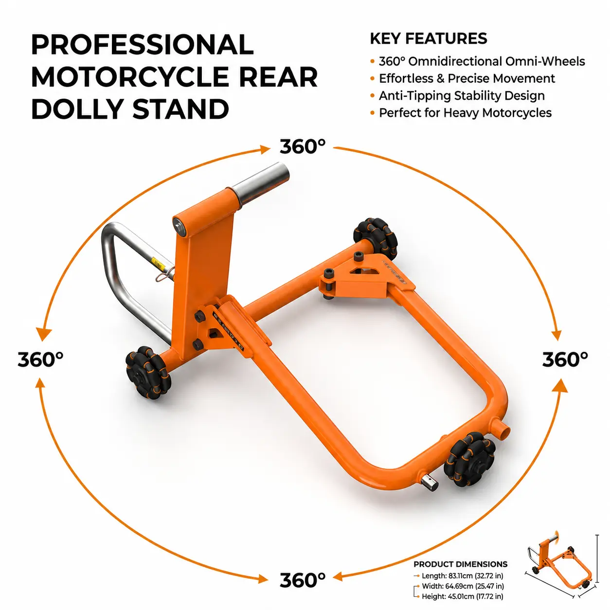 【EZIMOTO】 Heavy-Duty Motorcycle Rear Paddock Swingarm Lift Stand, 360° Omnidirectional Omni-Wheels, Anti-Tip & Stable Design, Effortless & Precise Movement, 500lbs Capacity for Yamaha Honda Kawasaki Sport & Street Bikes, Ideal for Maintenance & Storage, S