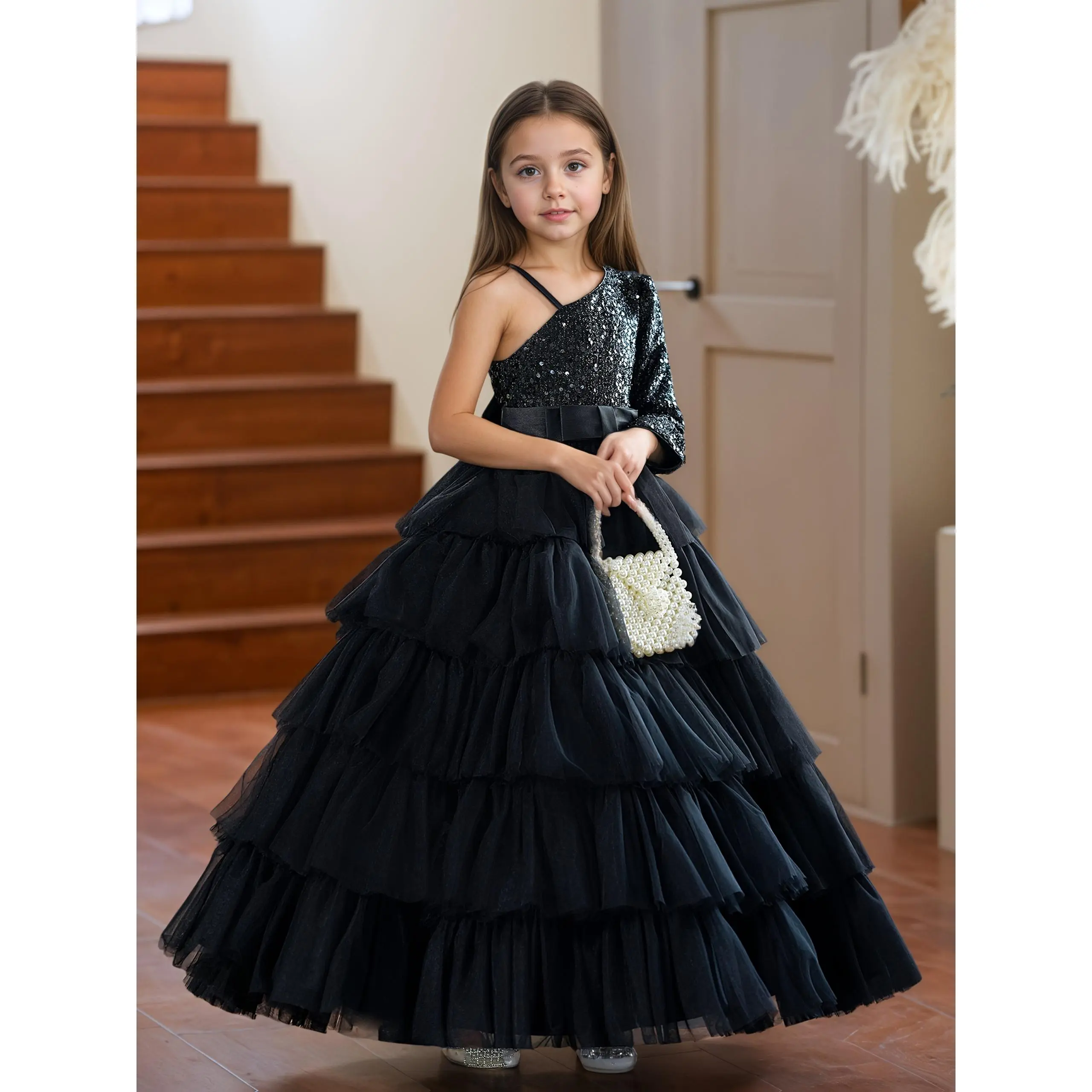 girls black party dress Girls Black Asymmetrical Waterfall Ruffle Gown Dress